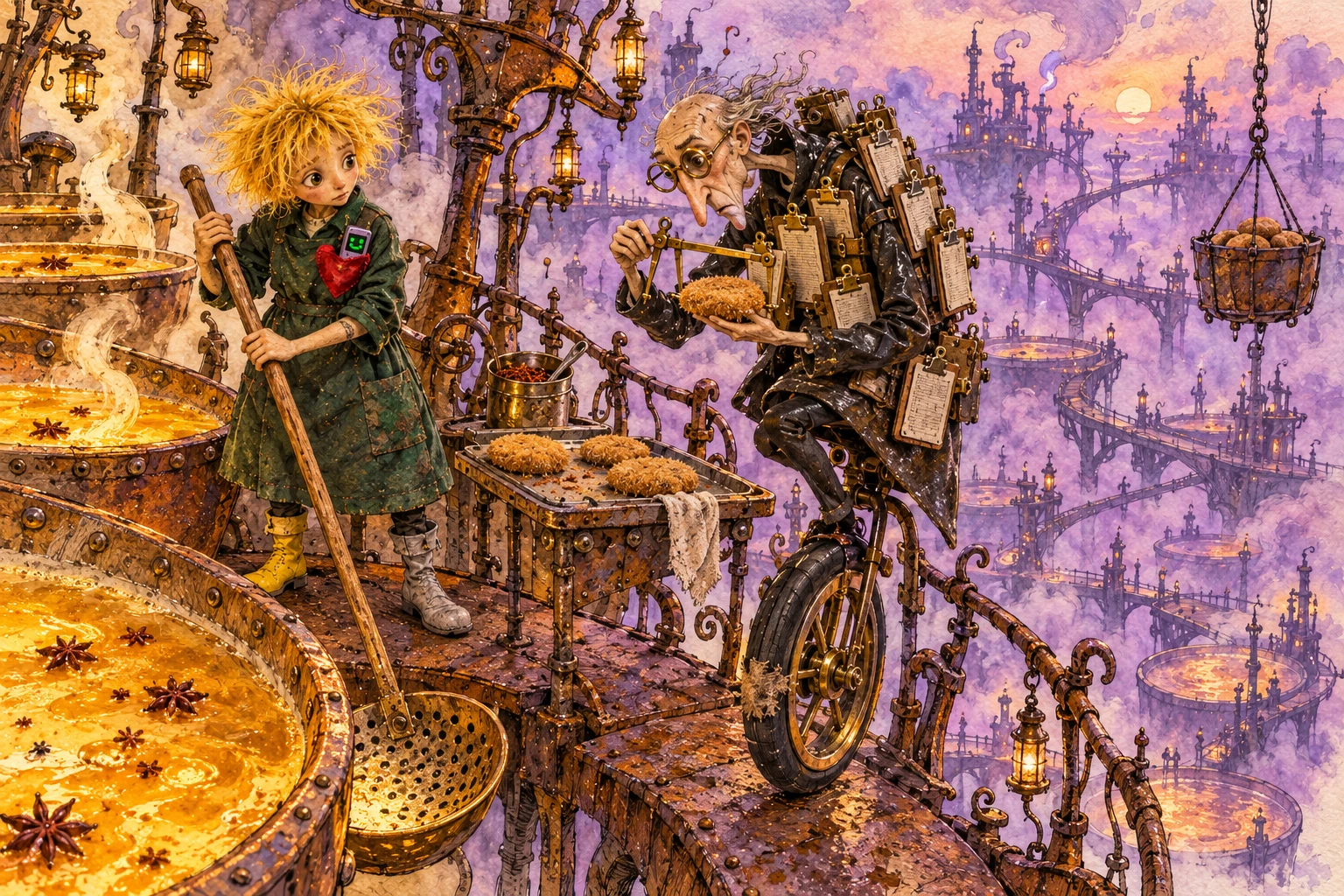 Inspector Grod arrives on a brass monowheel with clipboards and calipers beside Ollie’s steaming vat.
